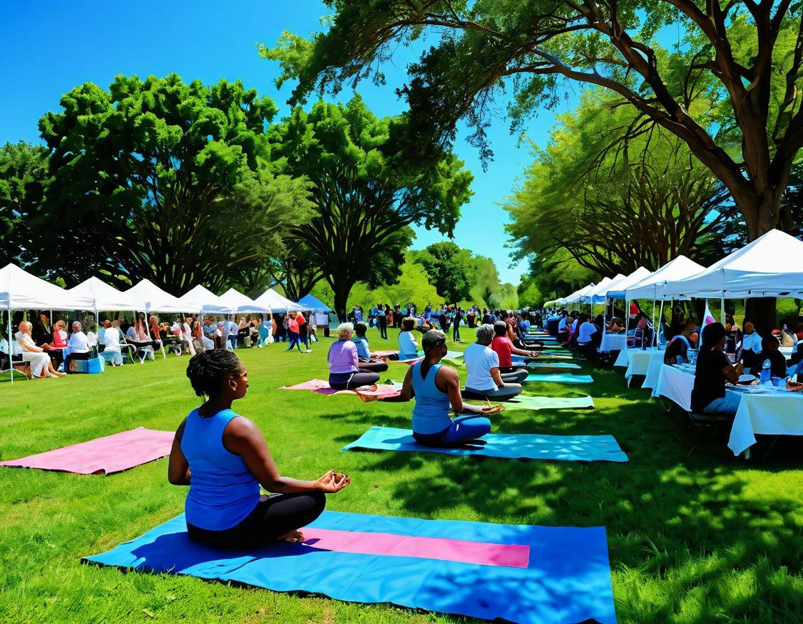 A serene landscape depicting a diverse group of people engaged in cancer awareness activities, including a vibrant health fair with educational booths, outdoor yoga sessions, and healthy cooking demonstrations. The backdrop features a clear blue sky and lush green trees, symbolizing hope and healing. Emphasize a warm, inviting atmosphere with people of different ages and backgrounds coming together, displaying a spectrum of emotions from joy to determination. super-realistic. vibrant colors. uplifting mood.