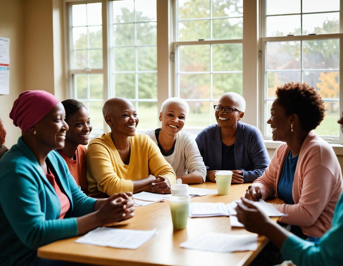 A comforting scene featuring a diverse group of cancer patients and their supporters, gathered in a cozy community center, sharing laughter and stories. Emphasize warm colors, natural light streaming through large windows, and resources like pamphlets and support group materials visible on tables. Capture a sense of hope and empowerment in their expressions. super-realistic. vibrant colors. warm ambiance.