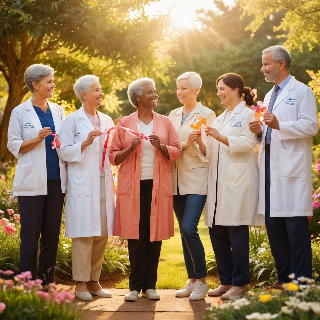 A diverse group of individuals, including a doctor, a cancer survivor, and a caregiver, standing together in a sunlit garden, sharing supportive gestures. Surround them with symbols of hope like ribbons and blooming flowers, showcasing unity and resilience. Soft, warm color palette to evoke a sense of comfort and empowerment. super-realistic. vibrant colors. soft background.